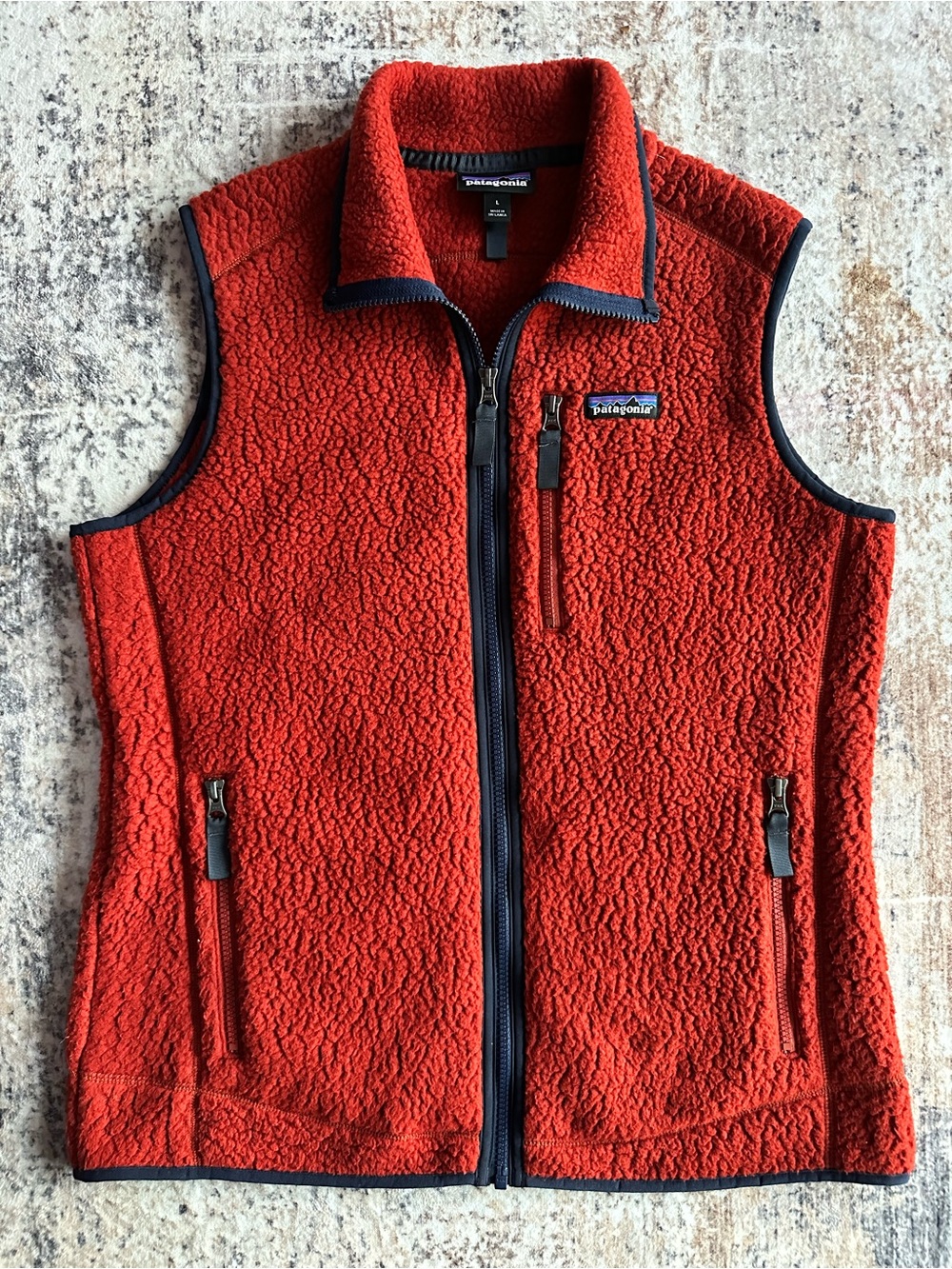 Patagonia Retro Pile Fleece Vest Orange Navy Men’s Large Full Zip